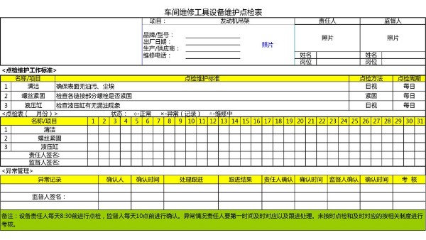 汽車4S店-發(fā)動(dòng)機(jī)吊架 設(shè)備維護(hù)點(diǎn)檢表