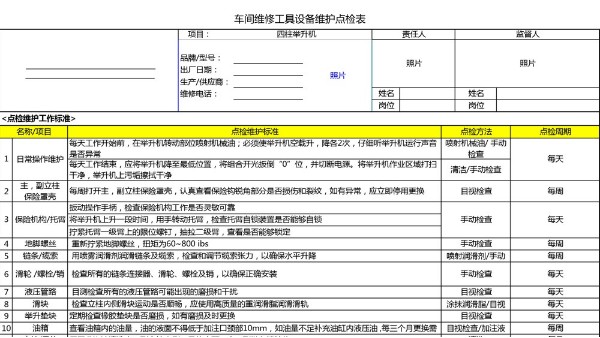 汽車4S店-四柱舉升機(jī) 設(shè)備維護(hù)點(diǎn)檢表