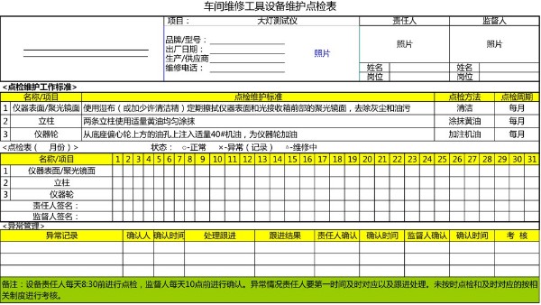 汽車4S店-大燈測試儀 設(shè)備維護點檢表